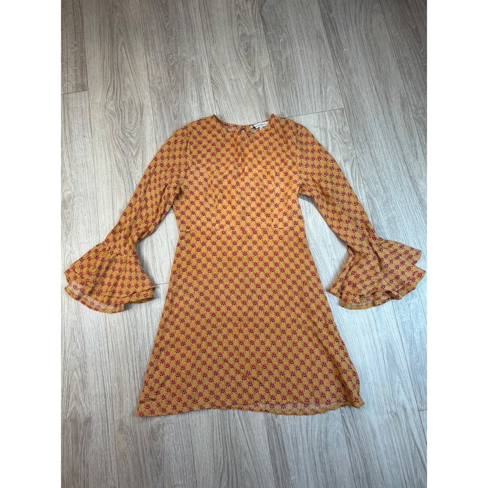 Olivaceous Yellow Lotus Floral Print Tiered Bell Sleeve Mini Dress Small Boho